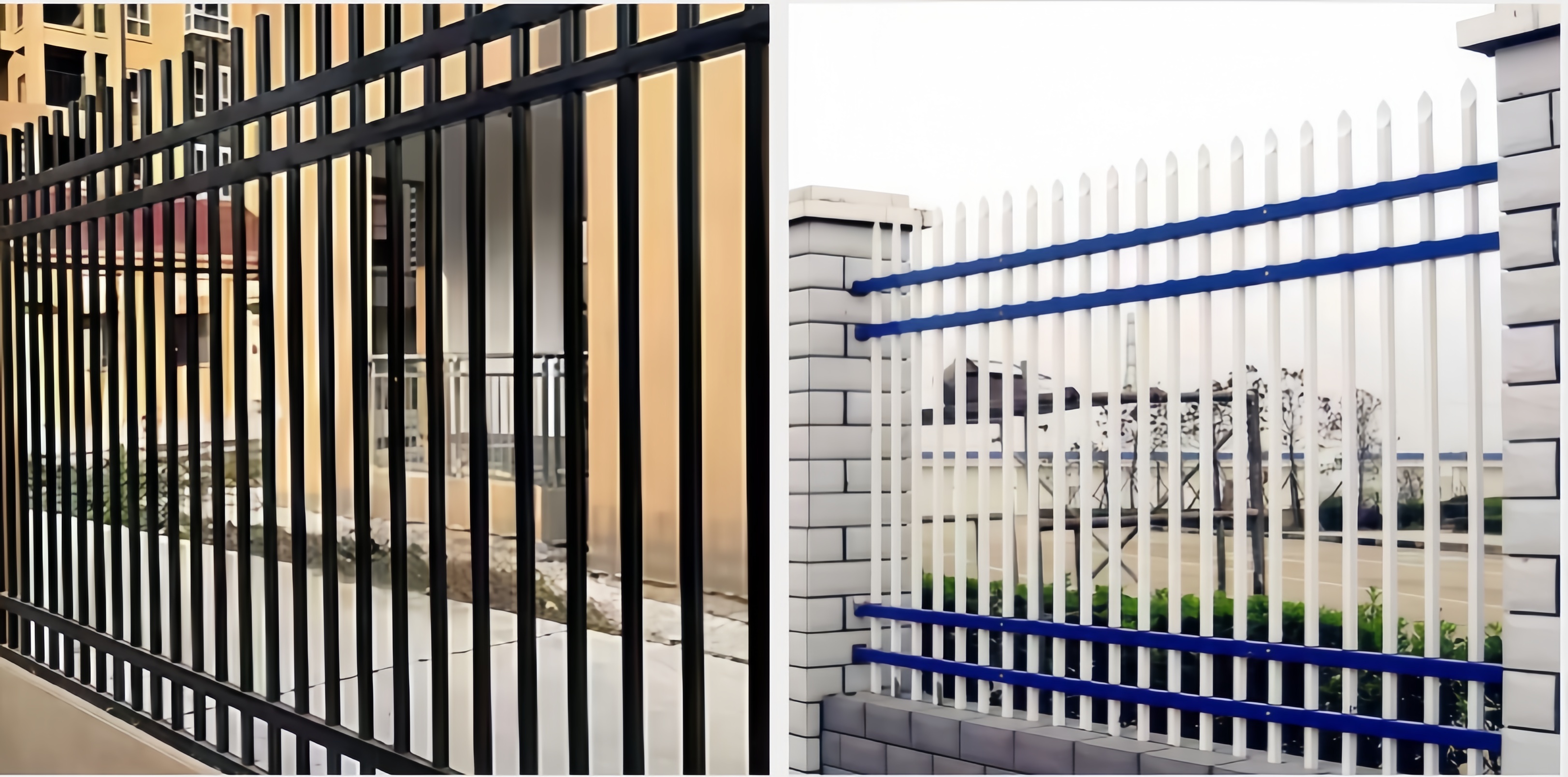 Simple 4 Rail Flat Top Galvanized Steel Perimeter FenceThis Simple 4 Rail Flat Top Galvanized Steel Perimeter Fence is manufactured using a galvanizing and electrostatic powder coating process. The four-rail structure significantly enhances stability and protection, while the flat-top design eliminates risks associated with sharp edges, making it suitable for residential communities, factory premises, courtyards, and similar settings.